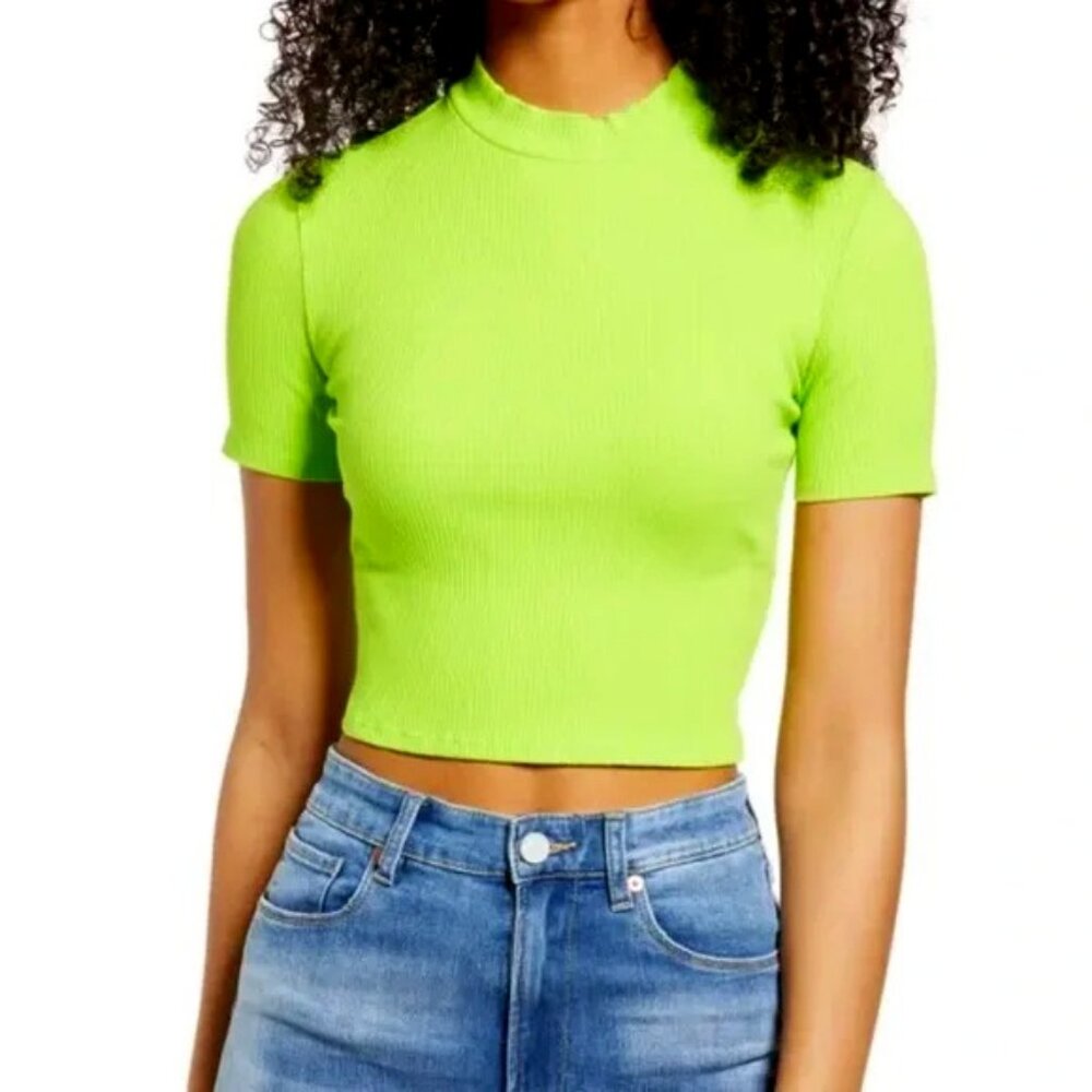 New BP Cropped Mock-neck Ribbed Knit Short-sleeve Top Limeade M